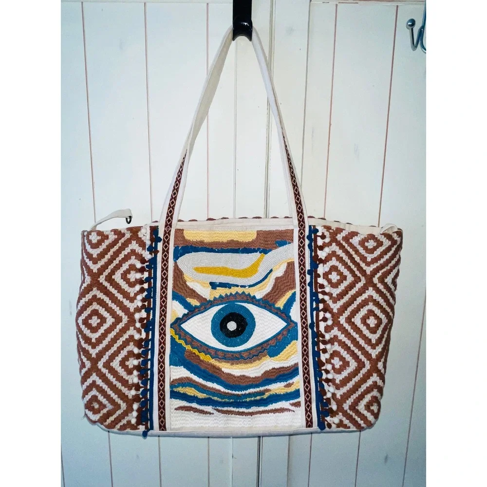 America & Beyond Beaded Evil Eye Tote Bag Southwestern Jacquard Shoulder Bag